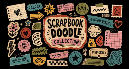 Funky scrapbook doodle sticker collection with torn paper collage, crayon scribbles, hand drawn arrows, stars and playful notebook shapes. Colorful naive vector illustration. © aura studio