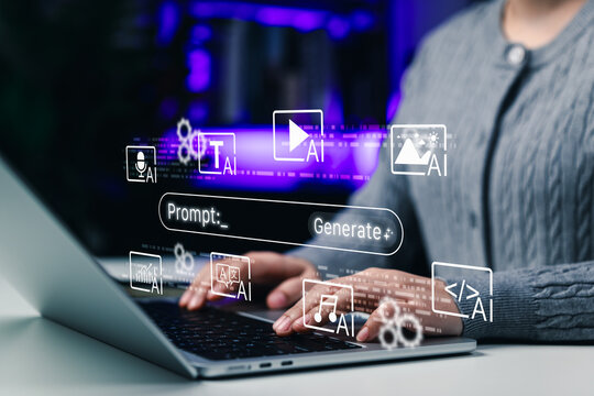 Generative AI prompt interface and multimodal content creation concept, professional using laptop with generate button, text, video, image, voice, music, translation, coding, and automation icons.