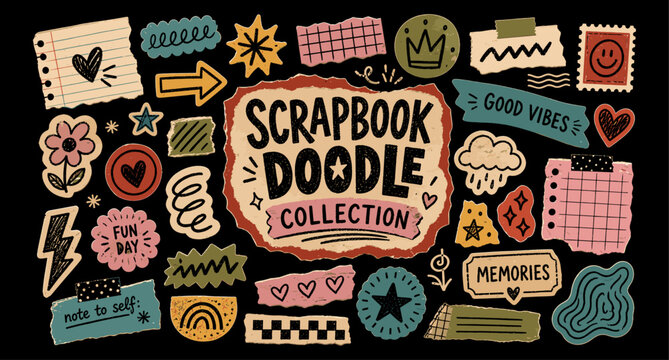 Funky scrapbook doodle sticker collection with torn paper collage, crayon scribbles, hand drawn arrows, stars and playful notebook shapes. Colorful naive vector illustration.