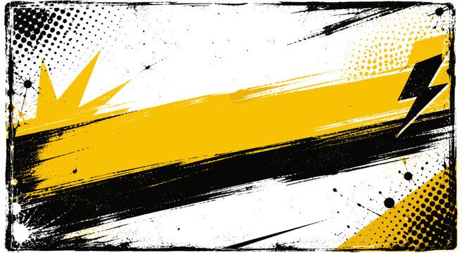 Retro vintage grunge background with halftone texture overlay, yellow black comic banner frame, distressed ink smears, scratch border, abstract pop punk poster layout vector illustration