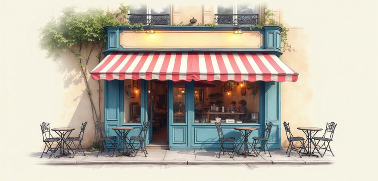 Charming Parisian cafe exterior with outdoor seating tables and chairs. Blue facade features red striped awning. Vintage style bistro invites friends for coffee or refreshments. Cozy atmosphere.