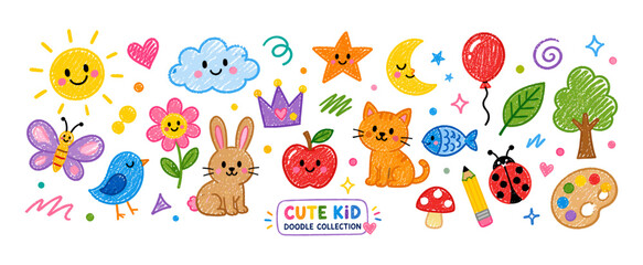 Cute crayon doodle seamless pattern with rainbow, flowers, stars and playful kids scribbles. Hand drawn childish pastel background for nursery, kindergarten and baby fabric design. Vector illustration