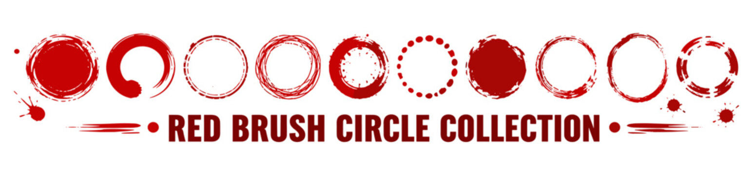 Red grunge brush circle stamps and Japanese ink seal badge collection. Rough round watercolor brushstroke rings, Asian calligraphy dots, distressed sun mark vector illustration