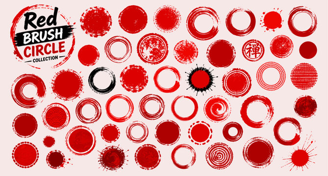 Japanese red brush stroke circles and rough ink stamp set. Grunge round seal badges with Asian watercolor rings, scribble paint dots and distressed brush marks vector illustration