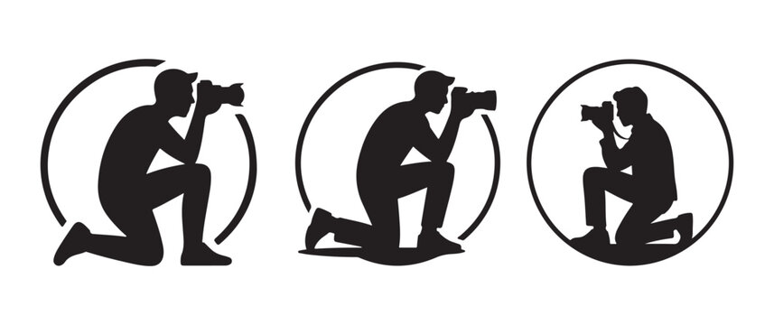 Photographer icons kneeling with camera hobby and profession symbol photographer kneeling