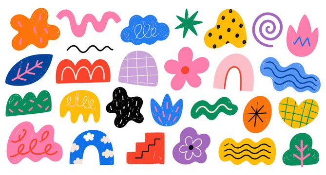 Fun colorful chalk doodles and marker scribble elements set with childish stars, crowns, grids and abstract squiggle shapes. Hand drawn charcoal vector illustration collection.