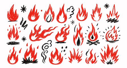 Crayon drawn fire flames icons collection for punk stickers, graffiti graphics, tattoo symbols, hot blaze doodles and retro burning shapes vector illustration © aura studio