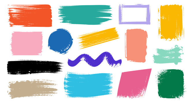 Colorful hand drawn paint stroke rectangles and abstract grunge square frames. Bold brush texture highlights, graffiti banner shapes and rough geometric borders vector illustration