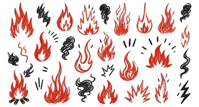 Hand drawn red flame doodle stickers collection with crayon fire icons, retro graffiti blaze shapes, burning heat symbols and punk style fire graphics vector illustration