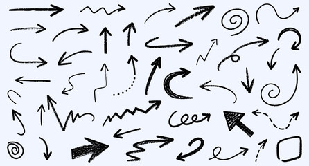 Crayon drawn scribble arrow set for journaling, sketch notes, diagram pointers, rough chalk doodle strokes, curved and wavy direction signs, black hand drawn marker arrows. Vector illustration © aura studio