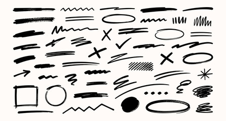 Fototapeta na wymiar Hand Drawn Marker Underline and Strikethrough Strokes Collection. Black Ink Scribble Lines, Circle Highlights, Cross Marks and Brush Emphasis Elements. Vector Illustration