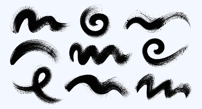 Grainy black brush stroke swirl with spray paint texture, abstract grunge stipple wave background, rough ink splatter pattern, halftone graffiti banner shapes and motion vector illustration