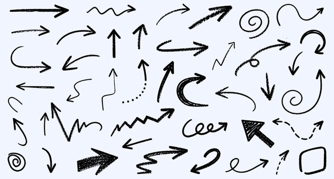 Crayon drawn scribble arrow set for journaling, sketch notes, diagram pointers, rough chalk doodle strokes, curved and wavy direction signs, black hand drawn marker arrows. Vector illustration