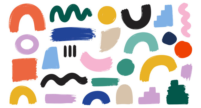 Bold funky geometric brush strokes and hand drawn doodle shapes collection with colorful arches, curved lines, circles and abstract collage elements for posters, banners and vector illustration