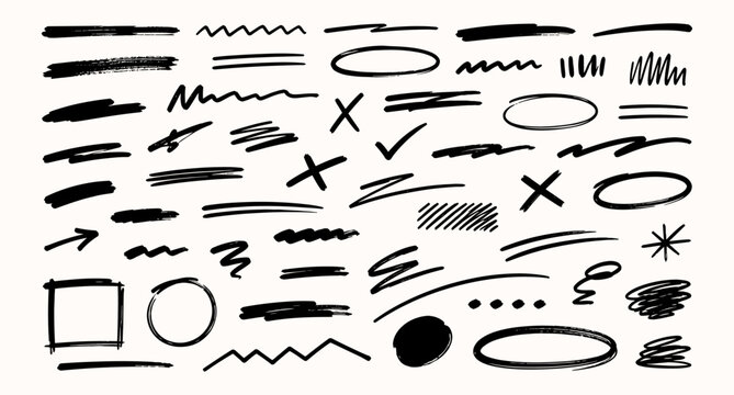 Hand Drawn Marker Underline and Strikethrough Strokes Collection. Black Ink Scribble Lines, Circle Highlights, Cross Marks and Brush Emphasis Elements. Vector Illustration