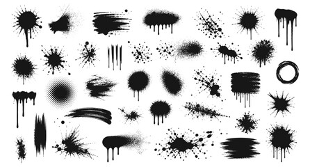 Grunge spray paint splatter textures with graffiti ink blots, dirty aerosol splash stains, distressed noise speckle effects, urban drip smudge collection for street design vector illustration © aura studio