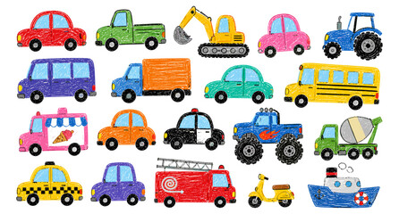 Crayon drawn naive funky kids cars collection with colorful cartoon vehicles, childish transport doodles, cute toy automobile sketches, playful school bus vector illustration © aura studio