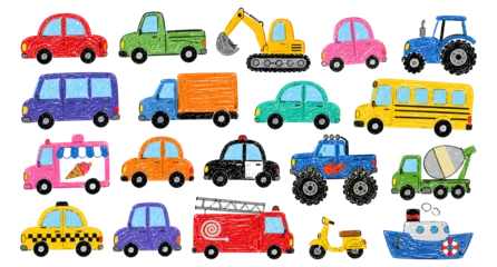 Fotobehang Auto Crayon drawn naive funky kids cars collection with colorful cartoon vehicles, childish transport doodles, cute toy automobile sketches, playful school bus vector illustration  © aura studio