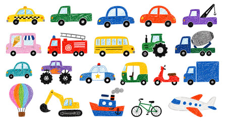 Naive crayon cartoon transport collection with funky colorful kid vehicles, childish car doodles, cute school bus and truck sketches, playful toy transport vector illustration © aura studio