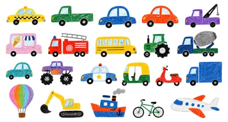 Fotobehang Cartoon Auto Naive crayon cartoon transport collection with funky colorful kid vehicles, childish car doodles, cute school bus and truck sketches, playful toy transport vector illustration  © aura studio