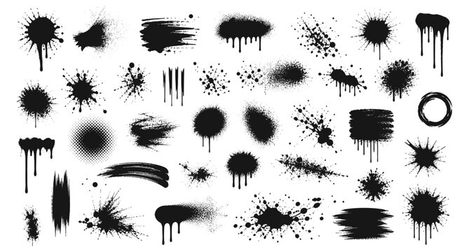 Grunge spray paint splatter textures with graffiti ink blots, dirty aerosol splash stains, distressed noise speckle effects, urban drip smudge collection for street design vector illustration
