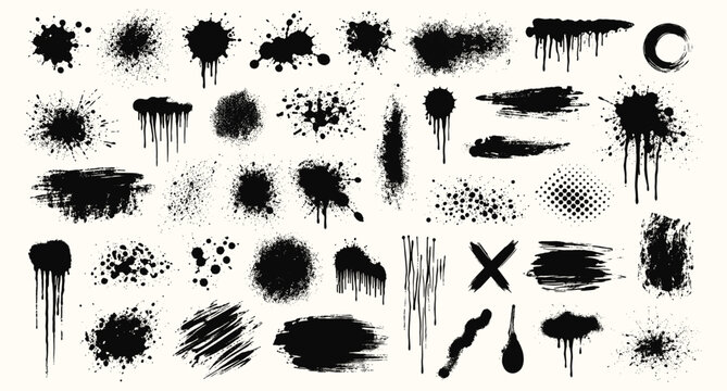 Urban graffiti spray textures with dirty paint splashes, grunge ink spatters, aerosol drips, noise speckles and distressed street blot elements for abstract vector illustration design