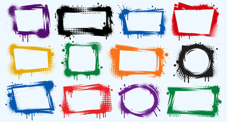 Spray paint graffiti frame collection with stencil airbrush texture, black grunge rectangle borders, urban aerosol splatter backgrounds, street art banner shapes and rough vector illustration © aura studio
