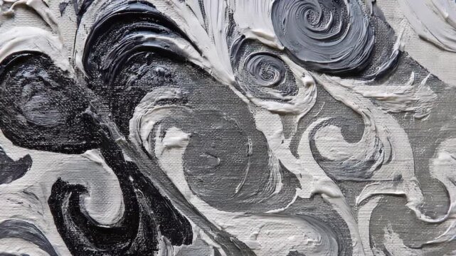 Swirls of black and white paint on canvas create a bold design with contrasting colors and textured patterns in an abstract style