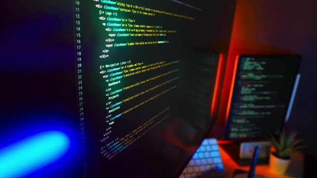 Dual Monitors Displaying Web Development Code in Dark Room with Neon Lights