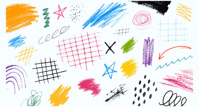 Colorful crayon scribble doodles and pencil scratch elements for childish notes, journal decoration and creative design. Hand drawn squiggle lines, crosshatch texture and messy vector illustration
