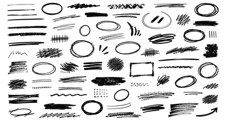 Charcoal strikethrough underline scribble lines and rough oval marker circles collection. Hand drawn pen brush strokes, highlight stripes, doodle emphasis shapes and vector illustration © aura studio