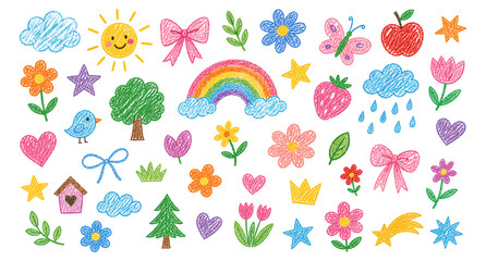 Plakat Crayon drawn kid doodle collection with colorful clouds, flowers, bows, rainbow, sun and cute childish elements for nursery design, scrapbook decoration and playful vector illustration