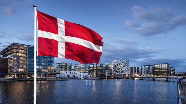 Denmark Flag Waving over Copenhagen Harbor Skyline at Blue Hour