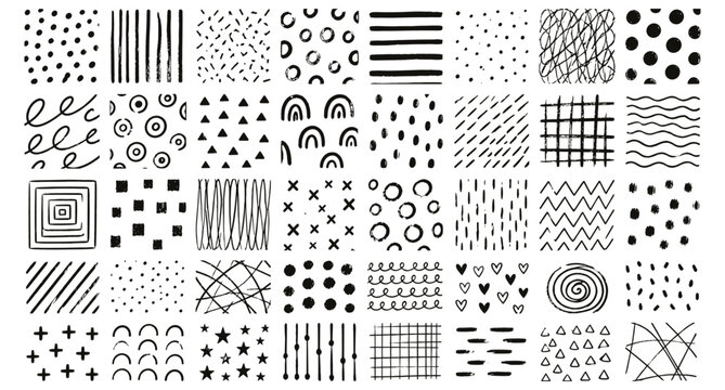 Polka dot seamless pattern set with hand drawn doodle lines, scribble stripes, abstract geometric circles, playful confetti texture, modern kids wallpaper and trendy vector illustration