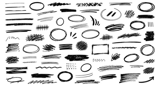 Charcoal strikethrough underline scribble lines and rough oval marker circles collection. Hand drawn pen brush strokes, highlight stripes, doodle emphasis shapes and vector illustration