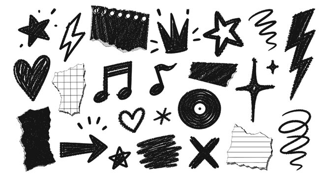 Punk scrapbook doodle music notes and crayon collage shapes with hand drawn stars, crowns, lightning bolts and playful sticker elements for trendy retro vector illustration