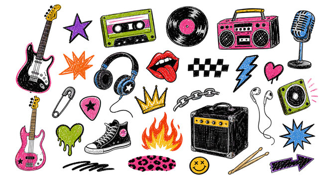 Crayon drawn punk rock music sticker set with guitar, cassette tape, vinyl record, microphone, lightning doodles and retro y2k urban graphic elements. Vector illustration.