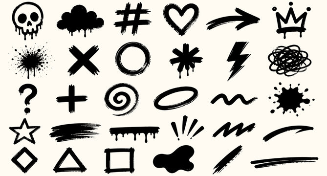 Graffiti brush stroke sticker set with punk skull, heart, hashtag and arrow symbols. Hand drawn grunge cloud shapes, funky street art graphics for urban poster and banner vector illustration