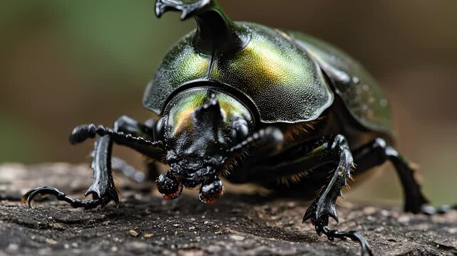 Closeup Macro Shot of a Large Green Beetle on a Textured Surface.