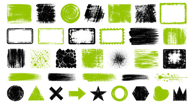 Grunge linocut stamp textures with rough ink roller effects, distressed print overlays, dirty smear frames, aged paper surfaces, urban graphic backgrounds and handcrafted vector illustration