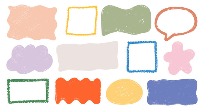 Hand drawn colorful speech bubble rectangles with rough wavy edges, organic crayon text frames, playful geometric boxes, abstract grain texture labels and doodle banner shapes. Vector illustration