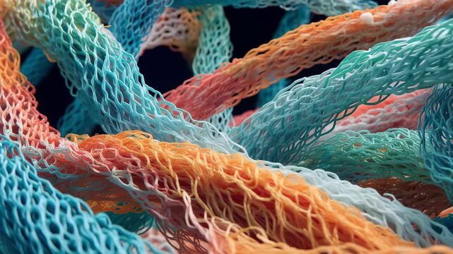 Colorful fibers intertwine in a complex pattern showing details of texture and structure under artificial light during a macro view