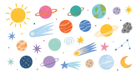 Childish outer space doodle icons with crayon texture. Funky planets, comets, stars and cosmic astronomy elements for kids science posters, stickers and nursery design. Vector illustration. © aura studio