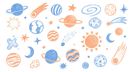 Funky crayon drawn space planets and astronomy doodles collection. Cute cosmic universe icons with childish pencil texture for nursery posters, science education graphics and sticker design. Vector. © aura studio