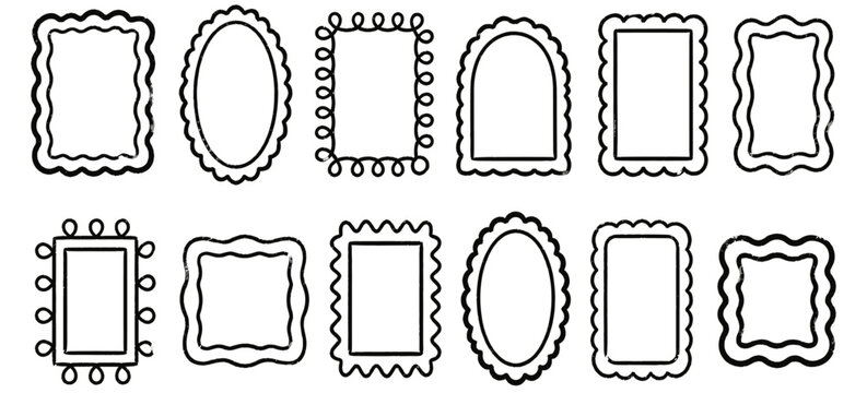 Retro wavy picture border set with hand drawn crayon frames, funky scallop edge rectangles and oval shapes, playful groovy photo frame collection, abstract doodle vector illustration