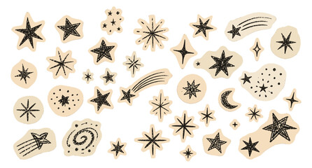 Hand drawn scrapbook star doodles with crayon texture on torn beige paper. Cute twinkle sticker collage elements for journal, notebook, social media banner, craft poster vector illustration © aura studio