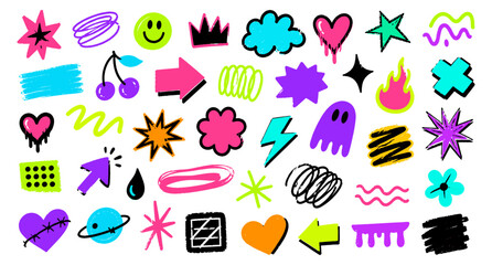 Fototapeta premium Funky neon doodle sticker collection with cyberpunk scrapbook elements, hand drawn y2k notebook labels, colorful crayon scribbles, futuristic patch badges and vector illustration