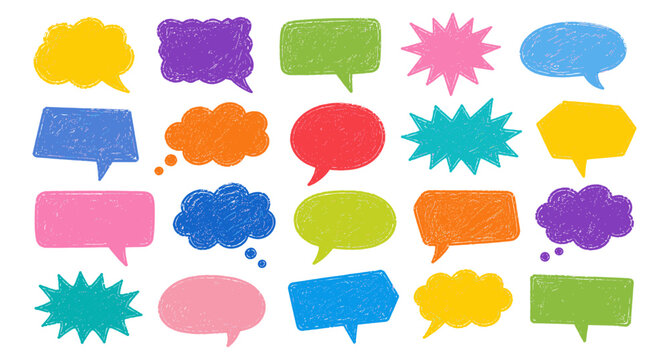 Colorful comic speech bubble doodle collection with crayon drawn talk balloons, funky handwritten chat clouds, playful dialogue frames, childish message shapes and vector illustration