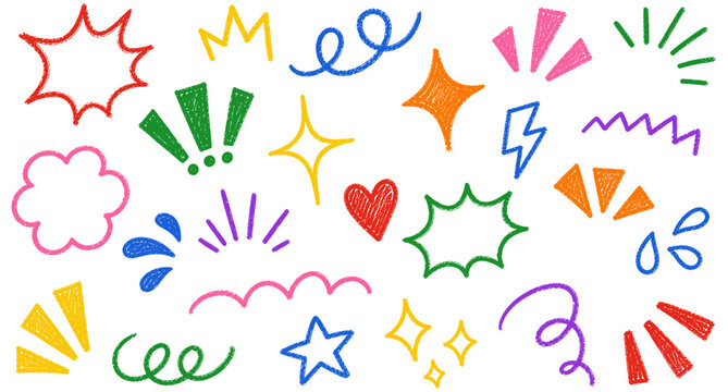 Colorful crayon doodle attention symbols and sparkle burst elements. Hand drawn sunburst rays, comic emphasis marks, funky expression signs, sketch shine accents for vector illustration