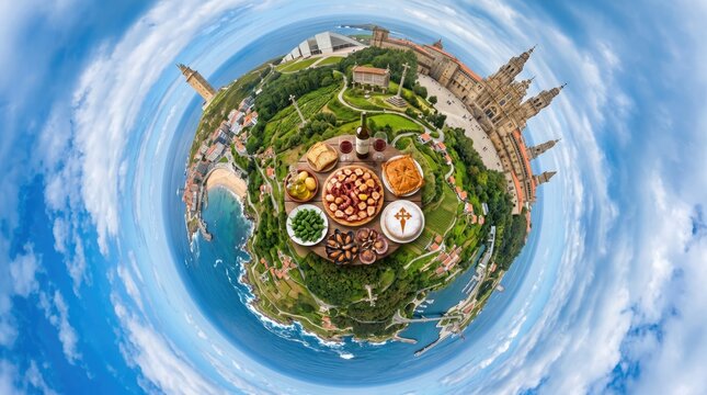 Tiny Planet Panorama of Santiago de Compostela with Galician Food